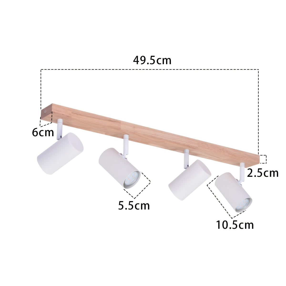 Plafonnier 4 spots GU10 orientables, spots blancs sur barre en bois