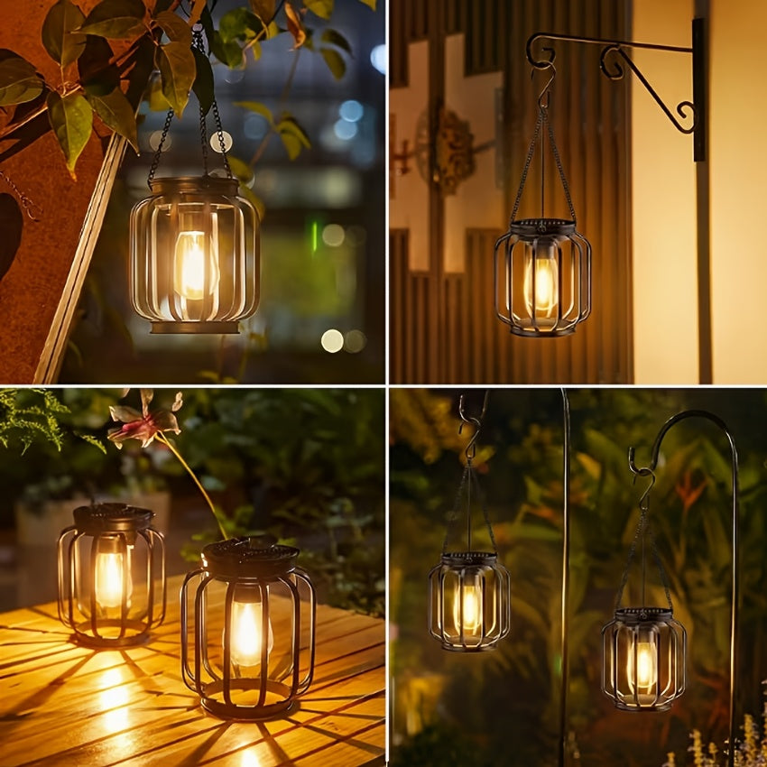 Lanterne solaire à suspendre, cage en métal noir et ampoule filament