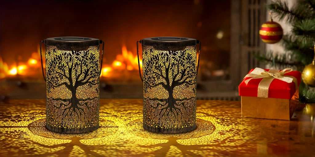 Lanterne solaire cylindre en métal ajouré, motif arbre de vie
