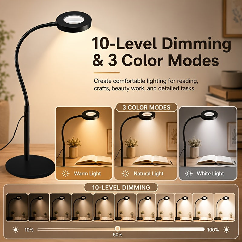 Lampe de bureau LED à loupe x5 et col de cygne, 3 teintes USB