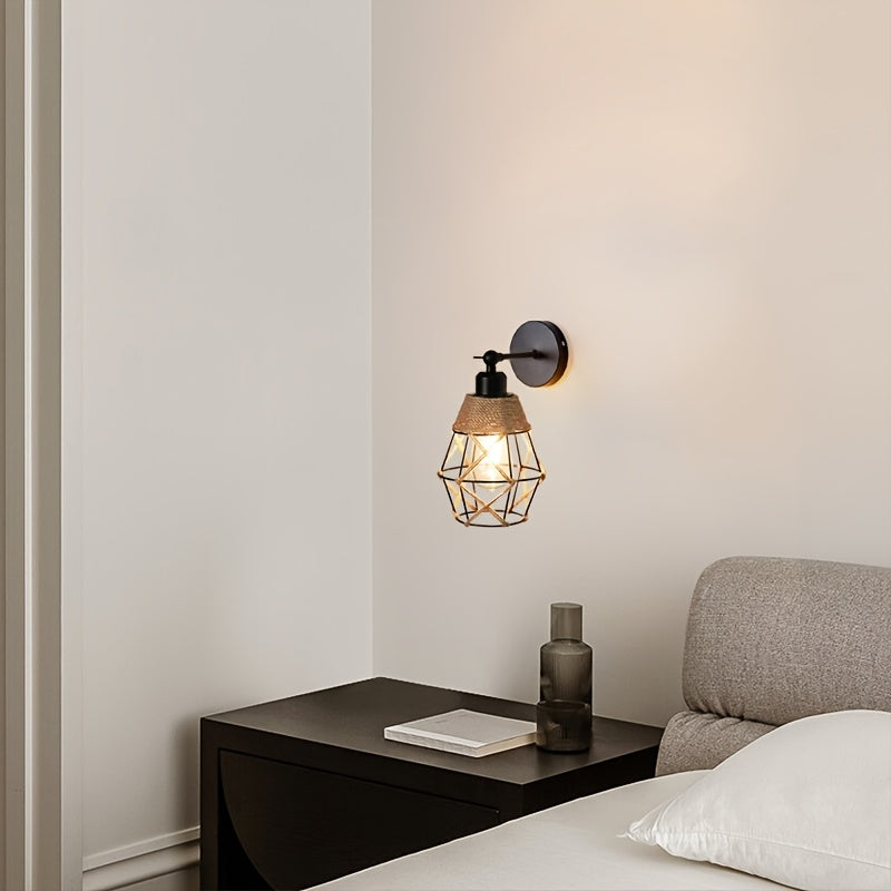 Applique murale cage noire et corde naturelle, tête orientable