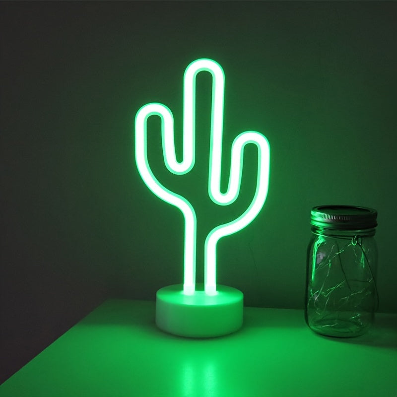 Néon LED cactus vert sur socle blanc, à piles ou USB, 14 x 20 cm