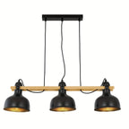 Suspension 3 coupoles noires sur barre effet bois de 78 cm, E27