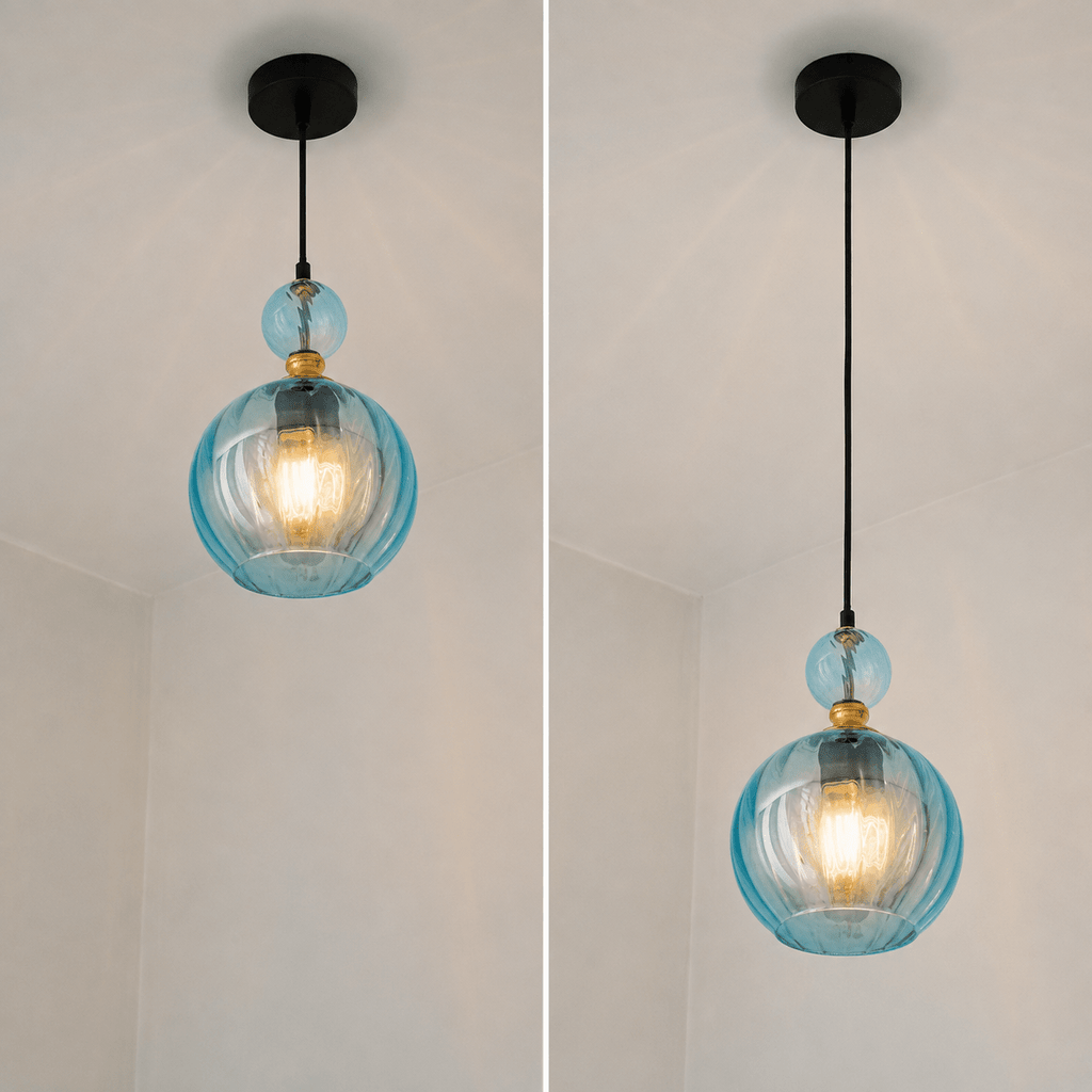 Suspension globe côtelé et perle de verre, rose, bleu, gris ou ambre