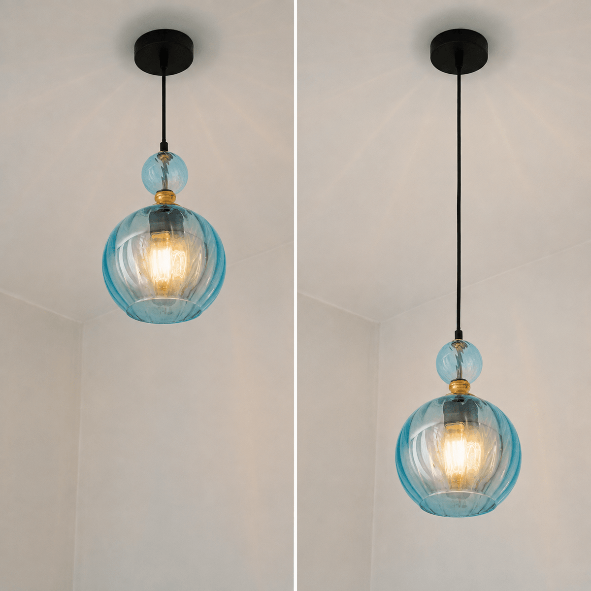 Suspension globe côtelé et perle de verre, rose, bleu, gris ou ambre