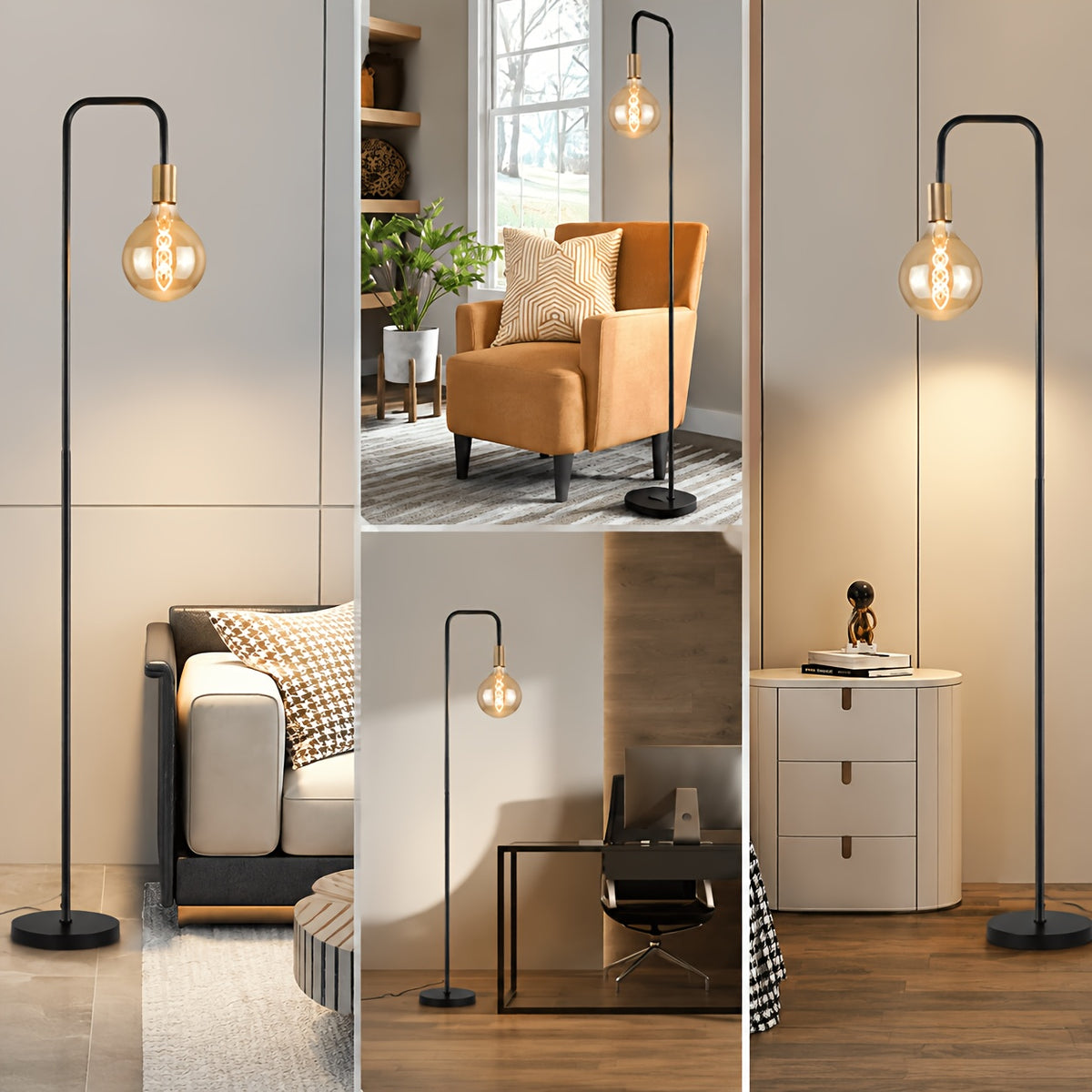 Lampadaire col de cygne noir pour ampoule globe à filament, 157 cm