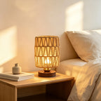 Lampe de chevet en corde tressée en zigzag, socle brun et variateur