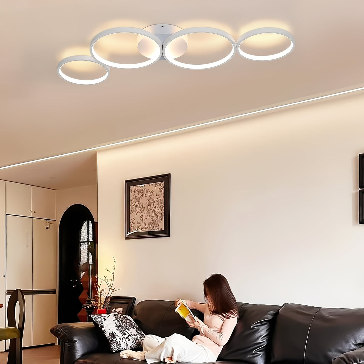 Plafonnier LED 4 anneaux noir ou blanc, 88 ou 100 cm, ou suspendu
