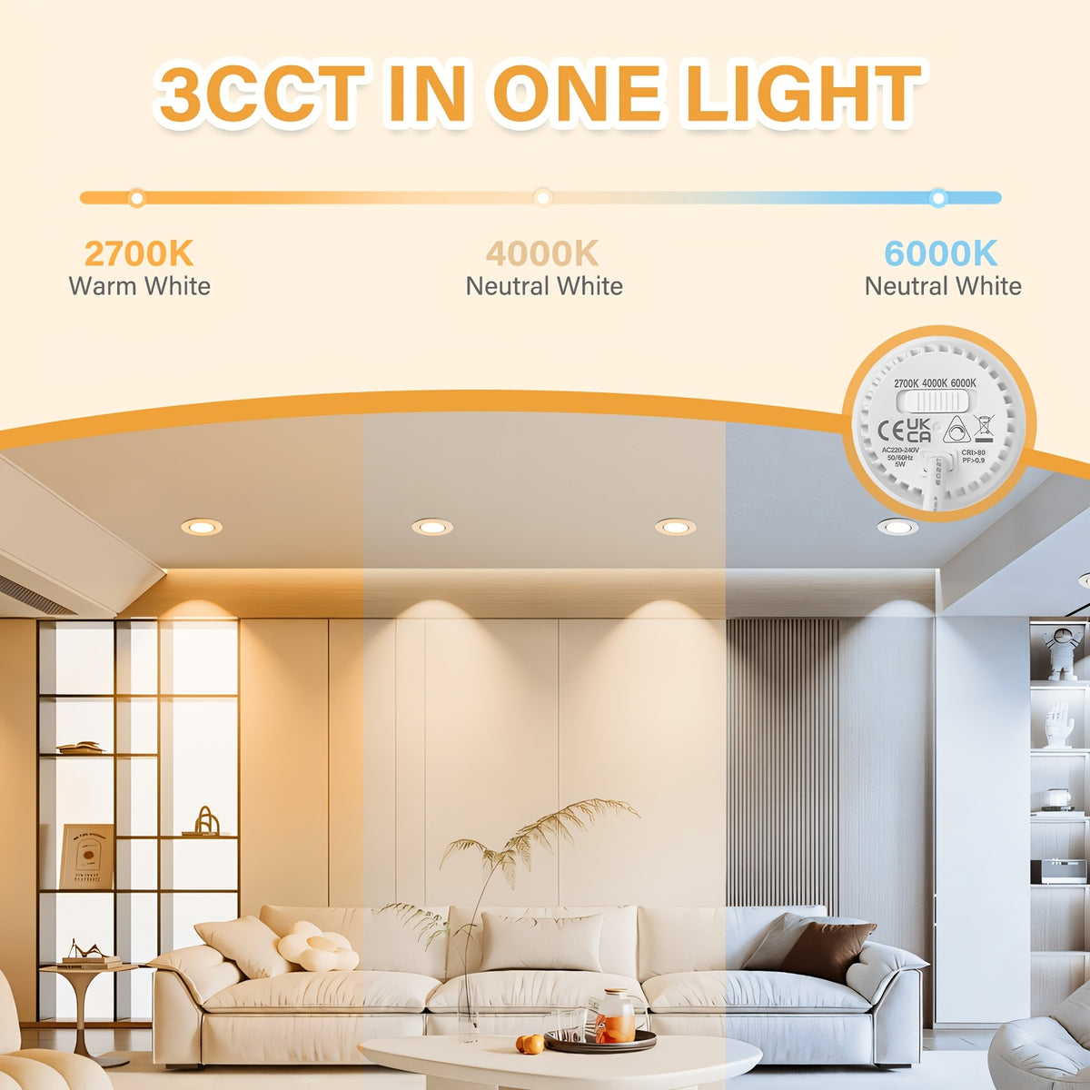Lot de 6 spots LED encastrés orientables 5W, trois blancs à variateur