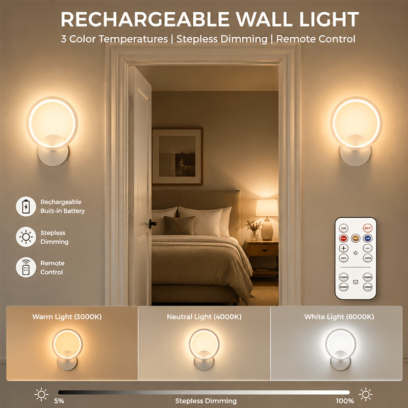 Applique murale anneau LED sans fil, télécommande et minuterie