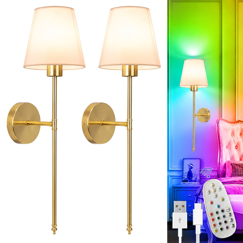 Lot de 2 appliques murales dorées sans fil, ampoules LED RVB
