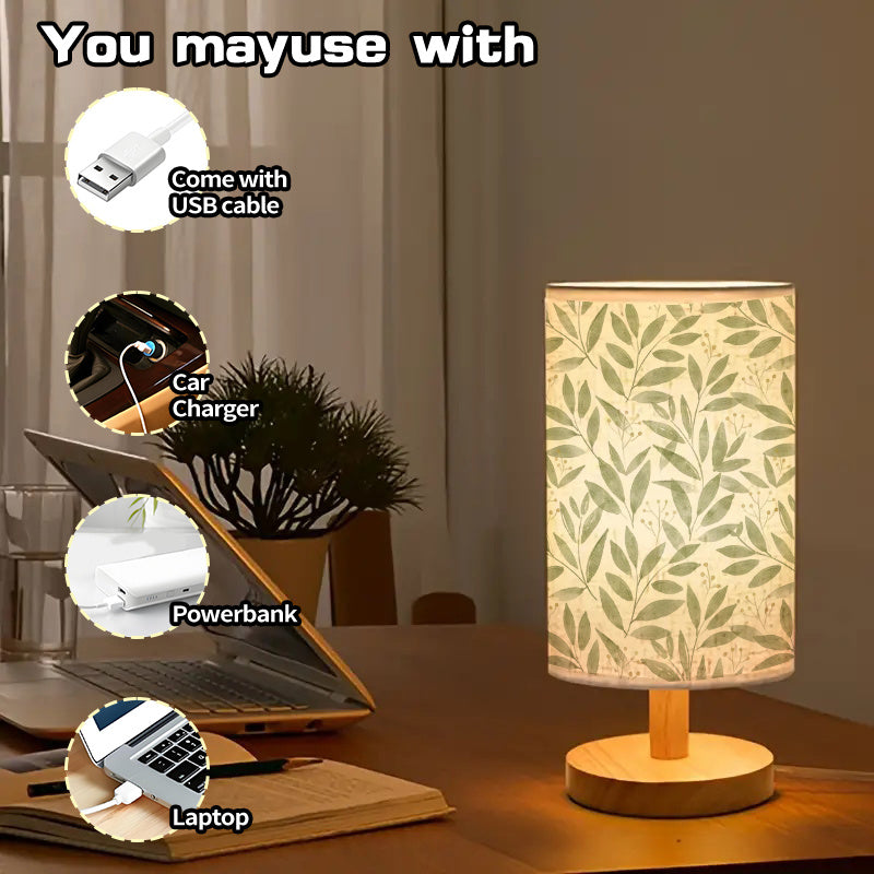 Lampe de chevet en tissu à feuillage vert, socle effet bois