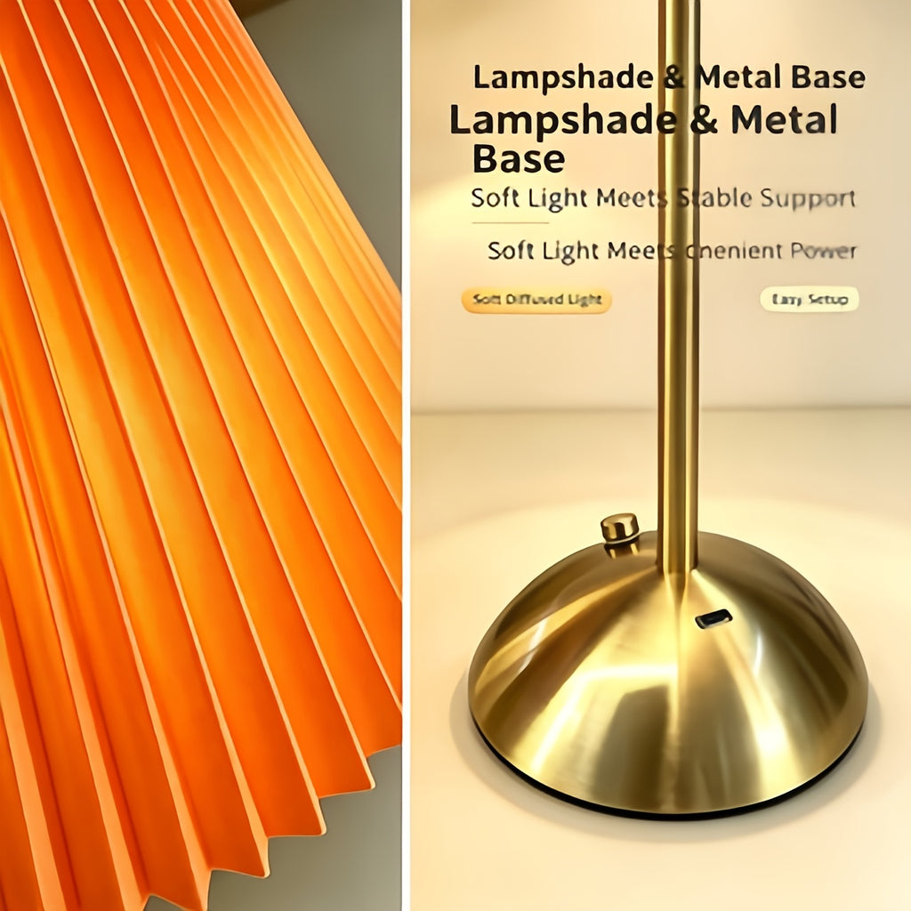 Lampe de table LED sans fil à abat-jour plissé et pied doré, 30 cm