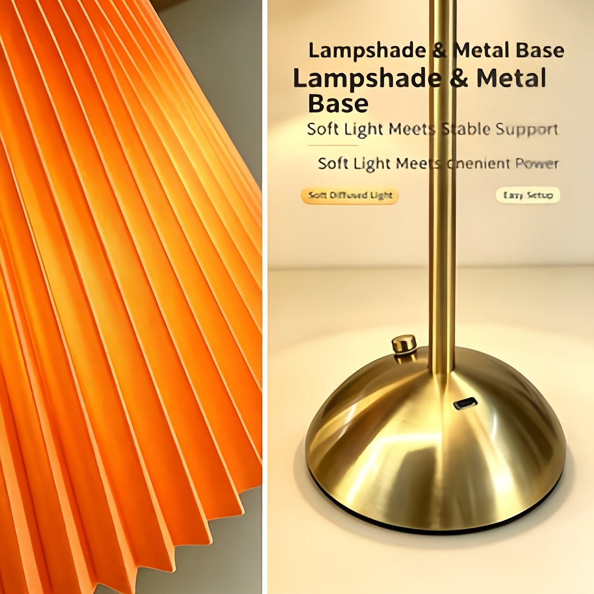 Lampe de table LED sans fil à abat-jour plissé et pied doré, 30 cm