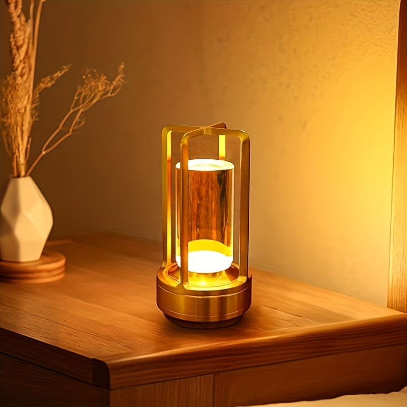 Lampe lanterne sans fil rétro, cylindre transparent et cadre métal