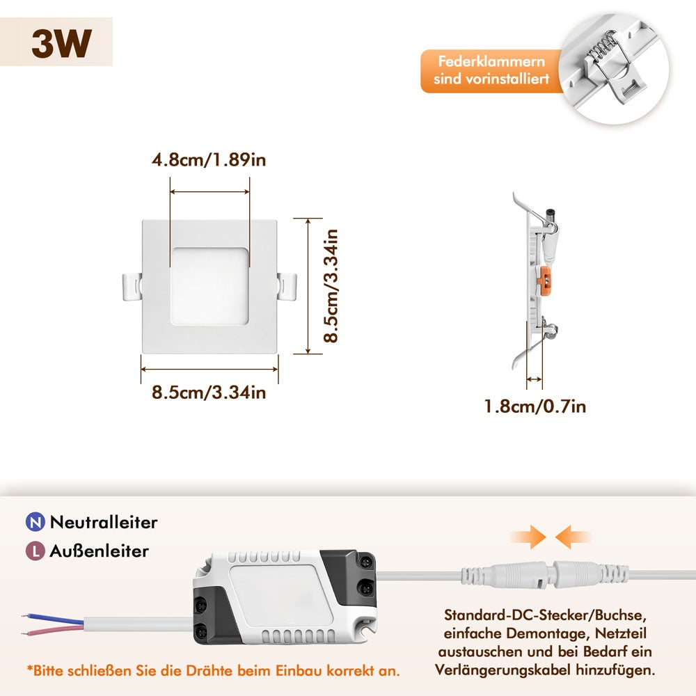 Spot LED encastrable carré 3 W, découpe 7,5 cm, lot de 10