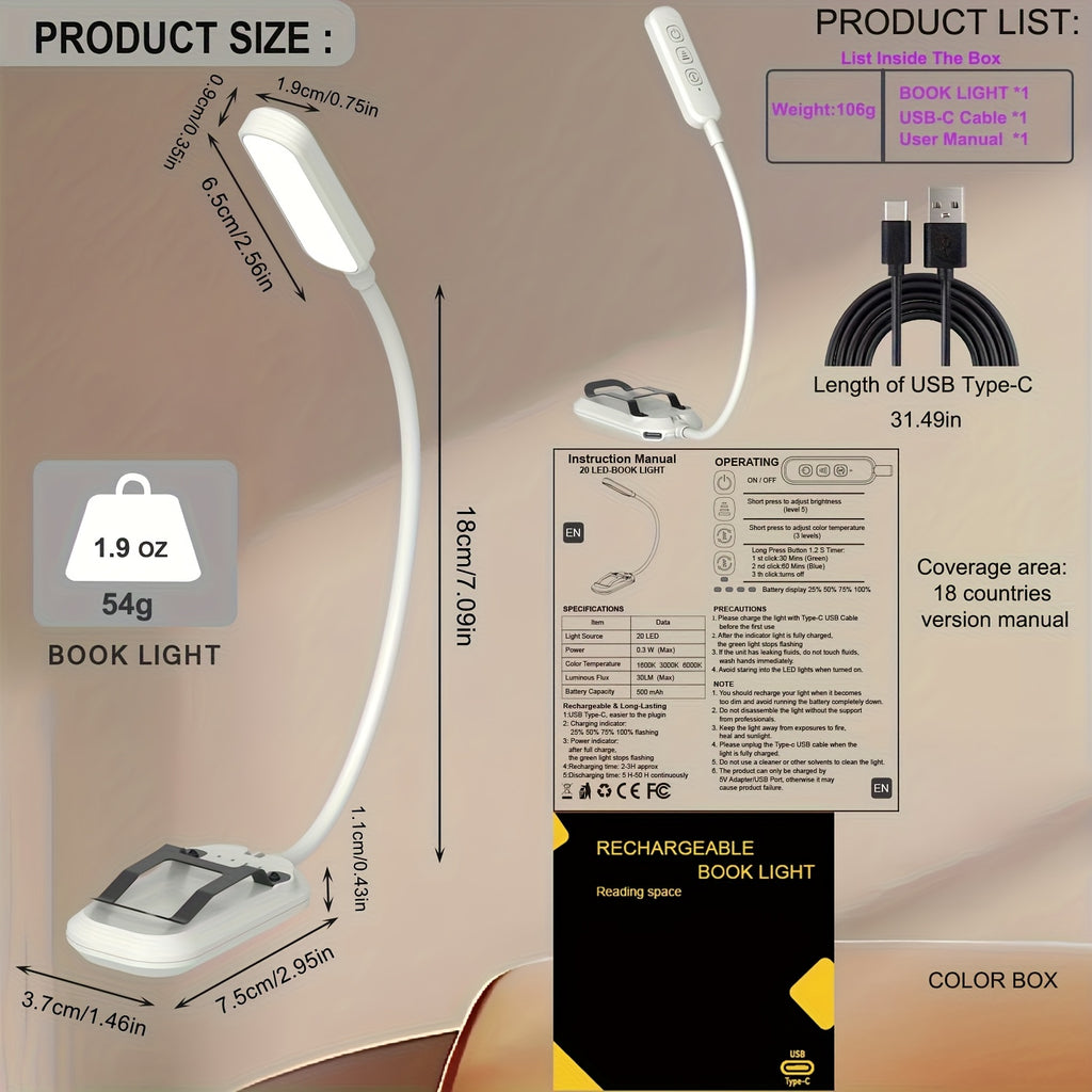 Lampe de lecture à pince 20 LED de 54 g, lumière ambrée 1600 K