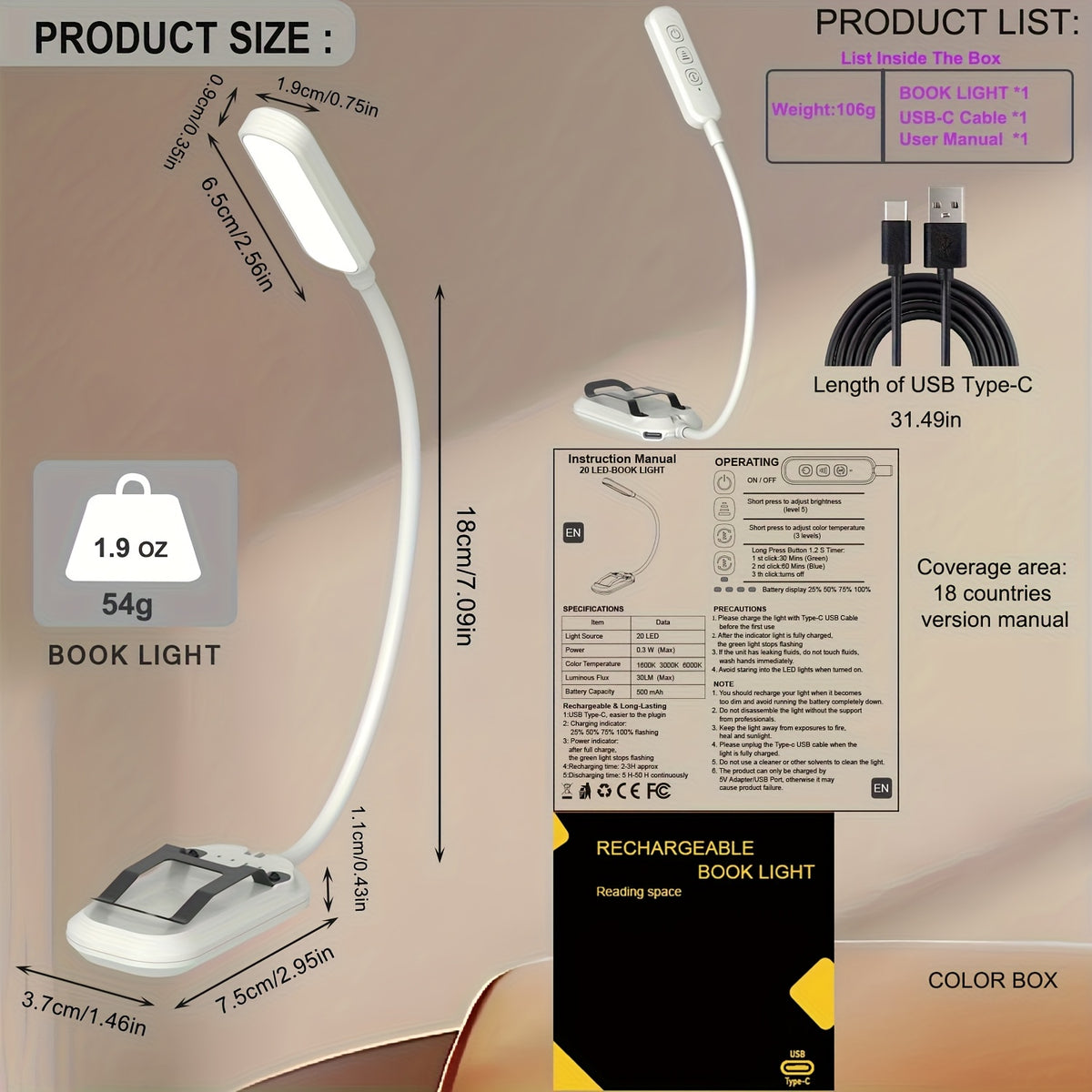 Lampe de lecture à pince 20 LED de 54 g, lumière ambrée 1600 K