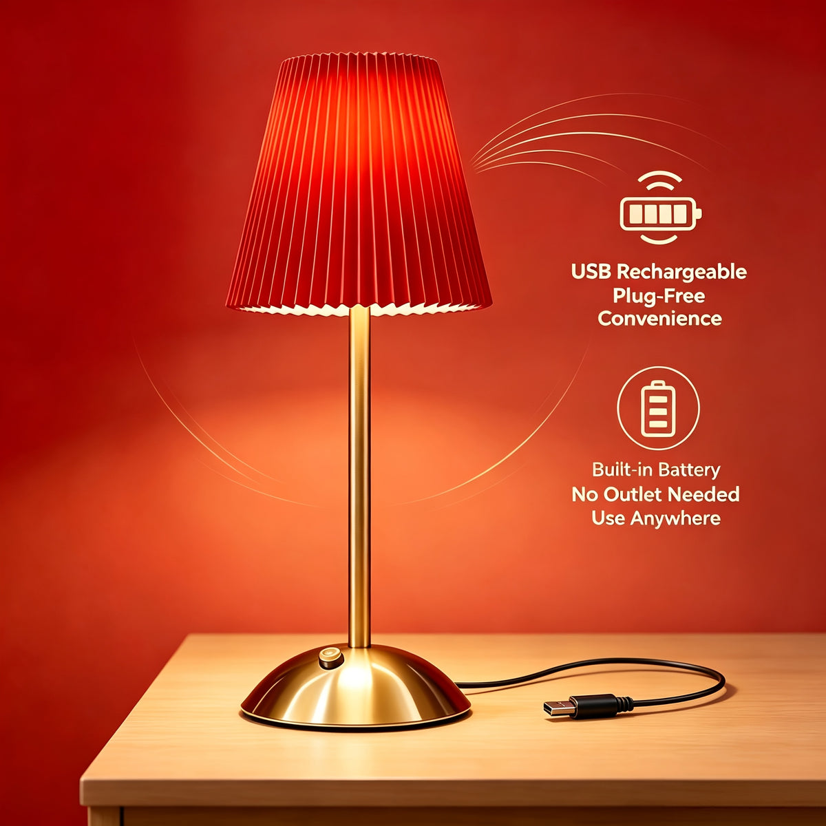 Lampe de chevet sans fil rouge, abat-jour plissé et pied doré
