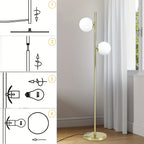Lampadaire à deux sphères opalines sur tige dorée pour entrée, 166 cm