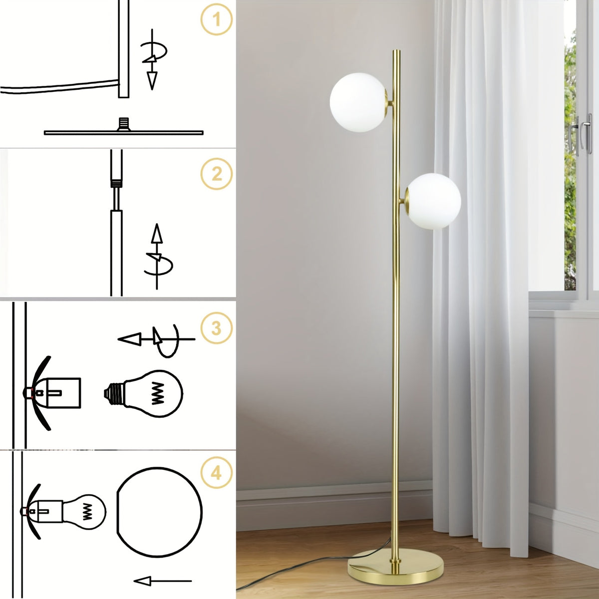 Lampadaire à deux sphères opalines sur tige dorée pour entrée, 166 cm