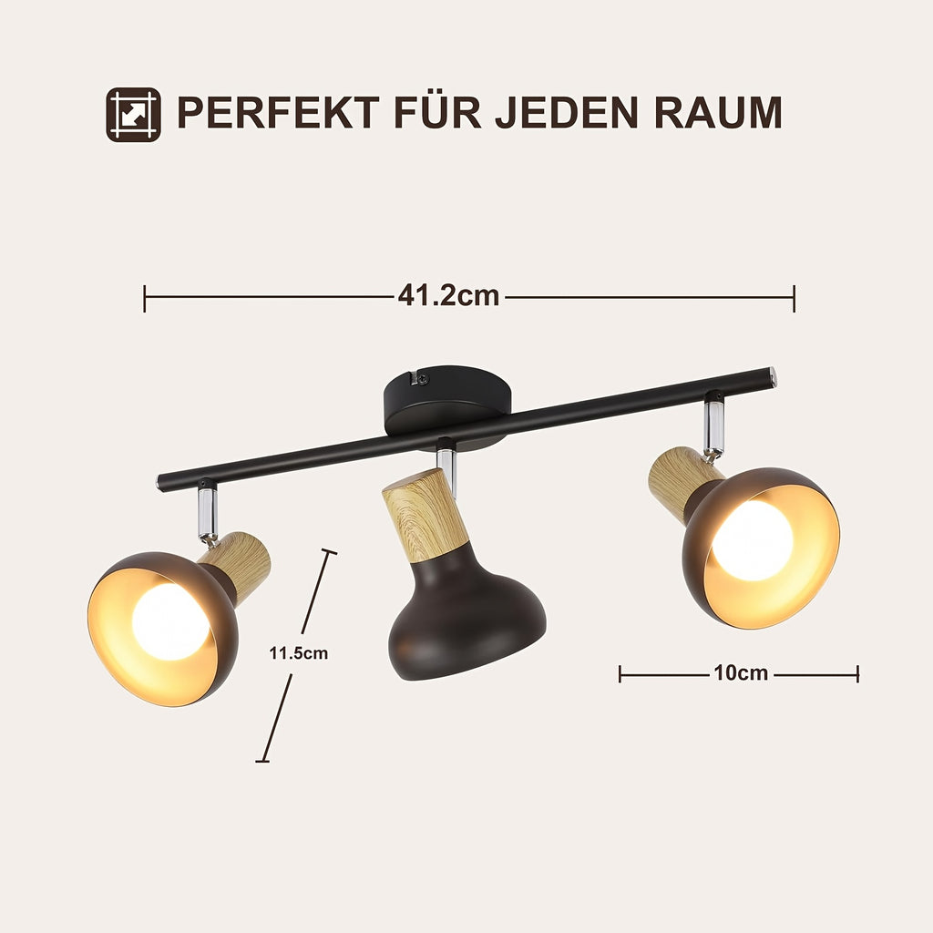 Plafonnier 3 spots orientables noirs à col effet bois, E14