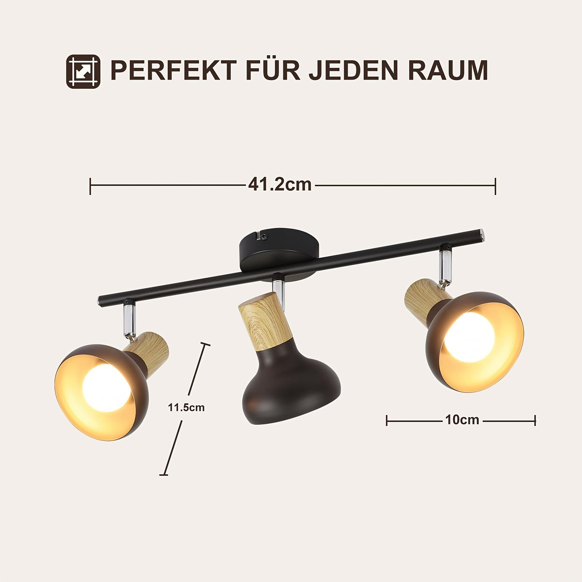 Plafonnier 3 spots orientables noirs à col effet bois, E14