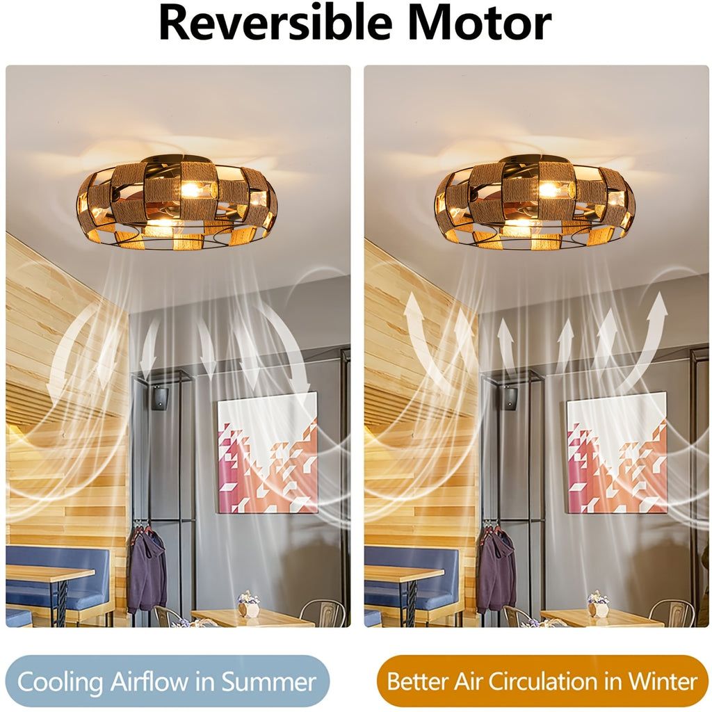 Plafonnier ventilateur cage en métal et corde, 4 douilles, Ø 48 cm