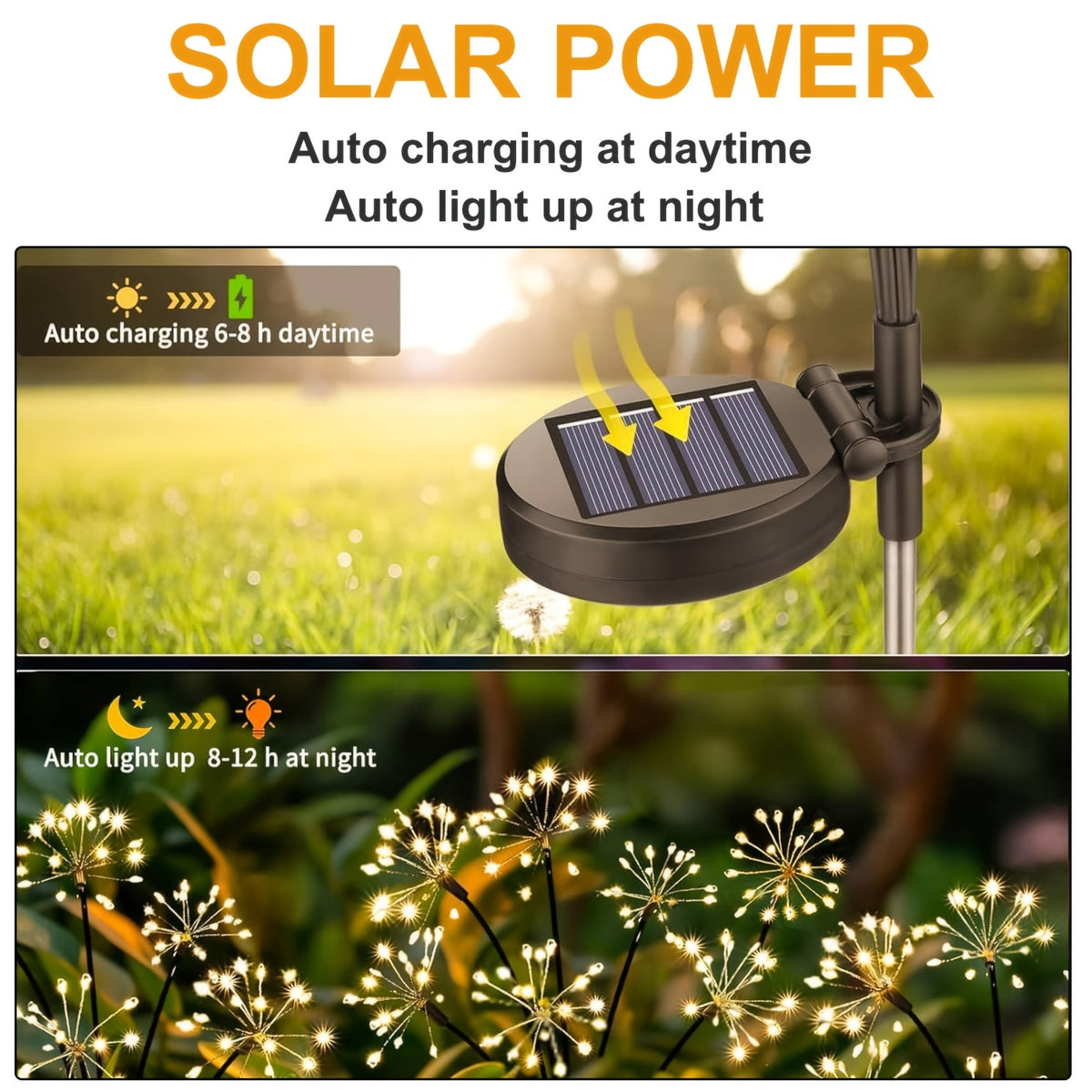 Lampe solaire de jardin feu d'artifice, 120 LED sur 6 tiges souples