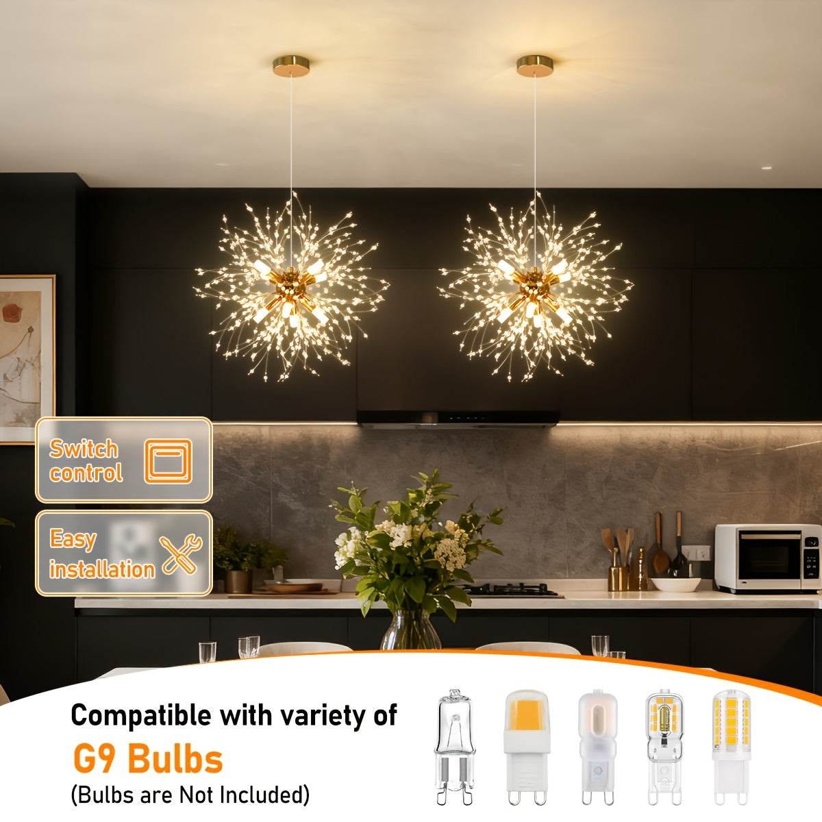 Lustre pissenlit doré à perles de cristal, Ø 45 cm, ampoules G9