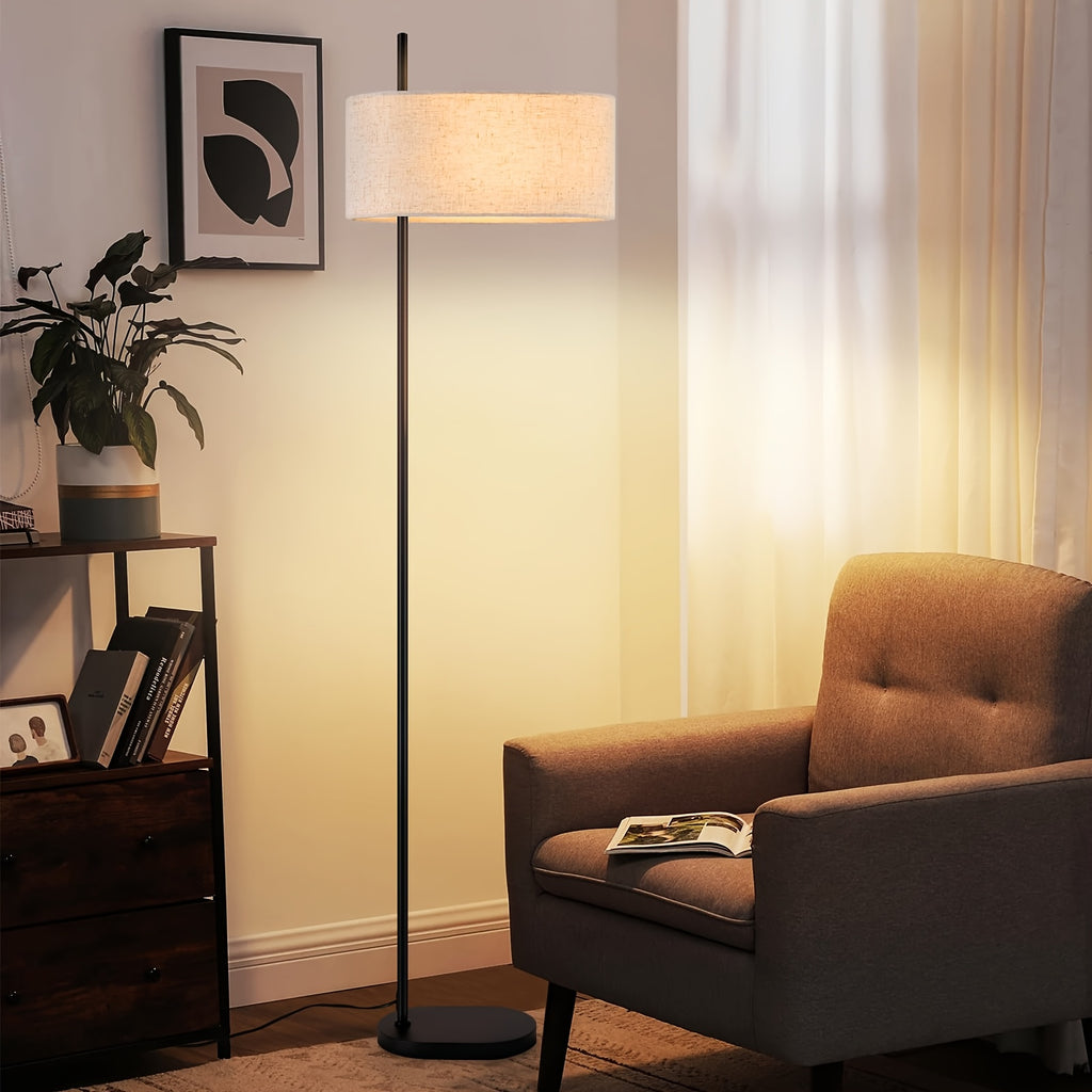 Lampadaire noir à grand abat-jour tambour en lin naturel, 154 cm