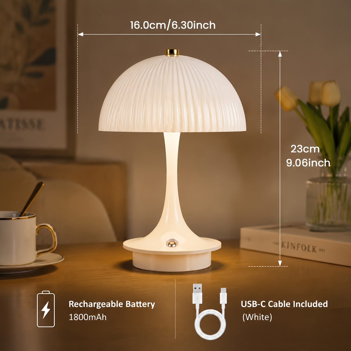 Lampe champignon sans fil, dôme blanc strié et pied coloré 23 cm
