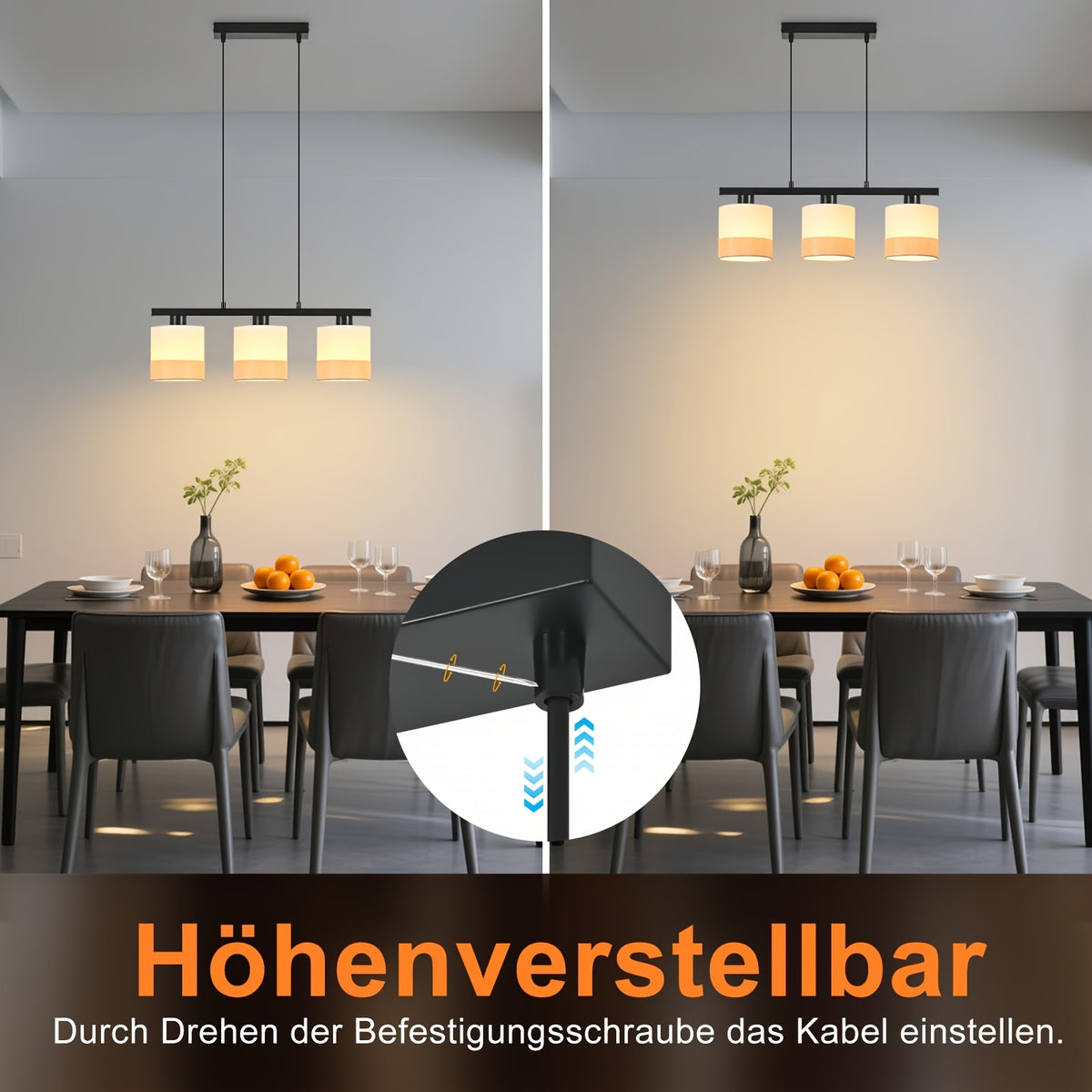 Suspension 3 abat-jour en tissu blanc sur barre noire de 58 cm
