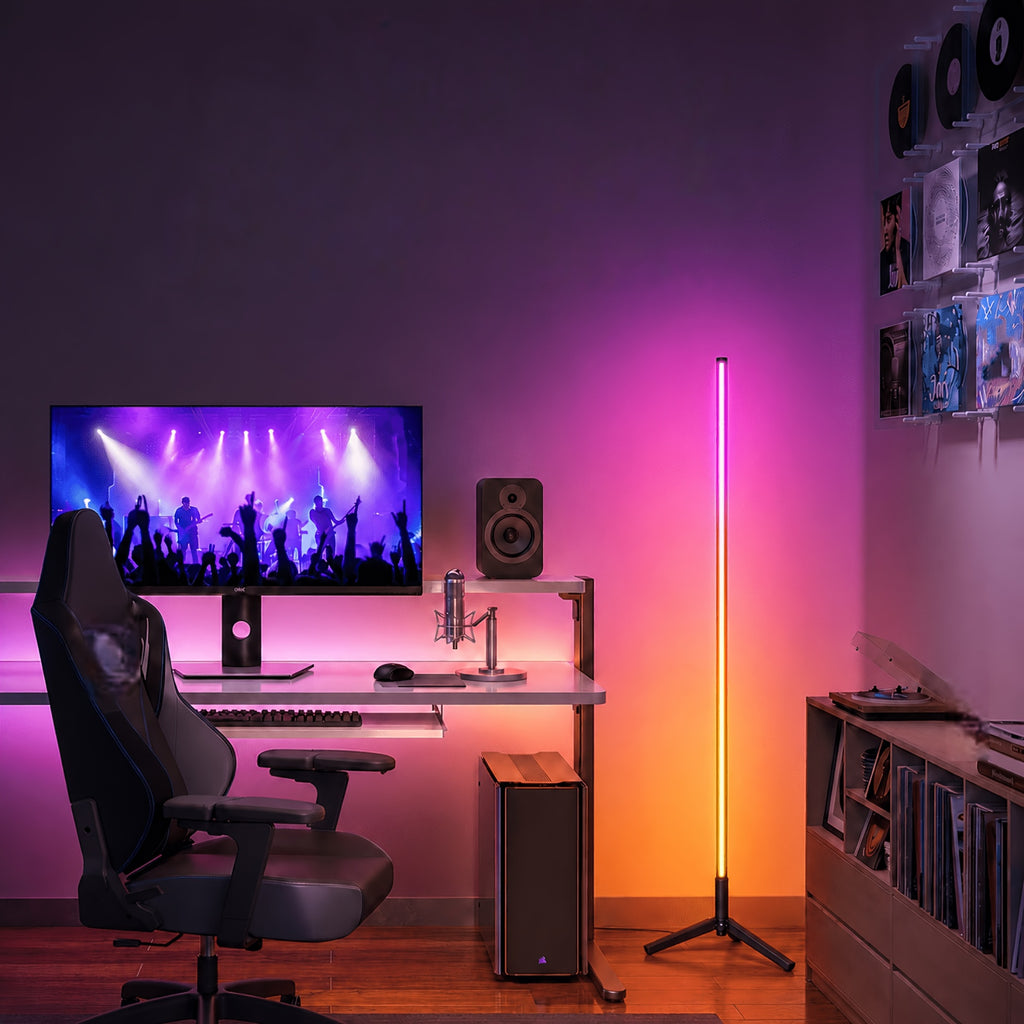 Lampadaire d'angle LED RVB sur trépied, synchronisé à la musique