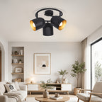 Plafonnier 3 spots noirs à intérieur doré, E14 orientables, 25 cm