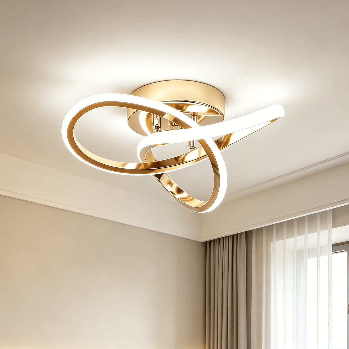 Petit plafonnier LED doré à anneaux entrelacés, blanc neutre, 25 cm