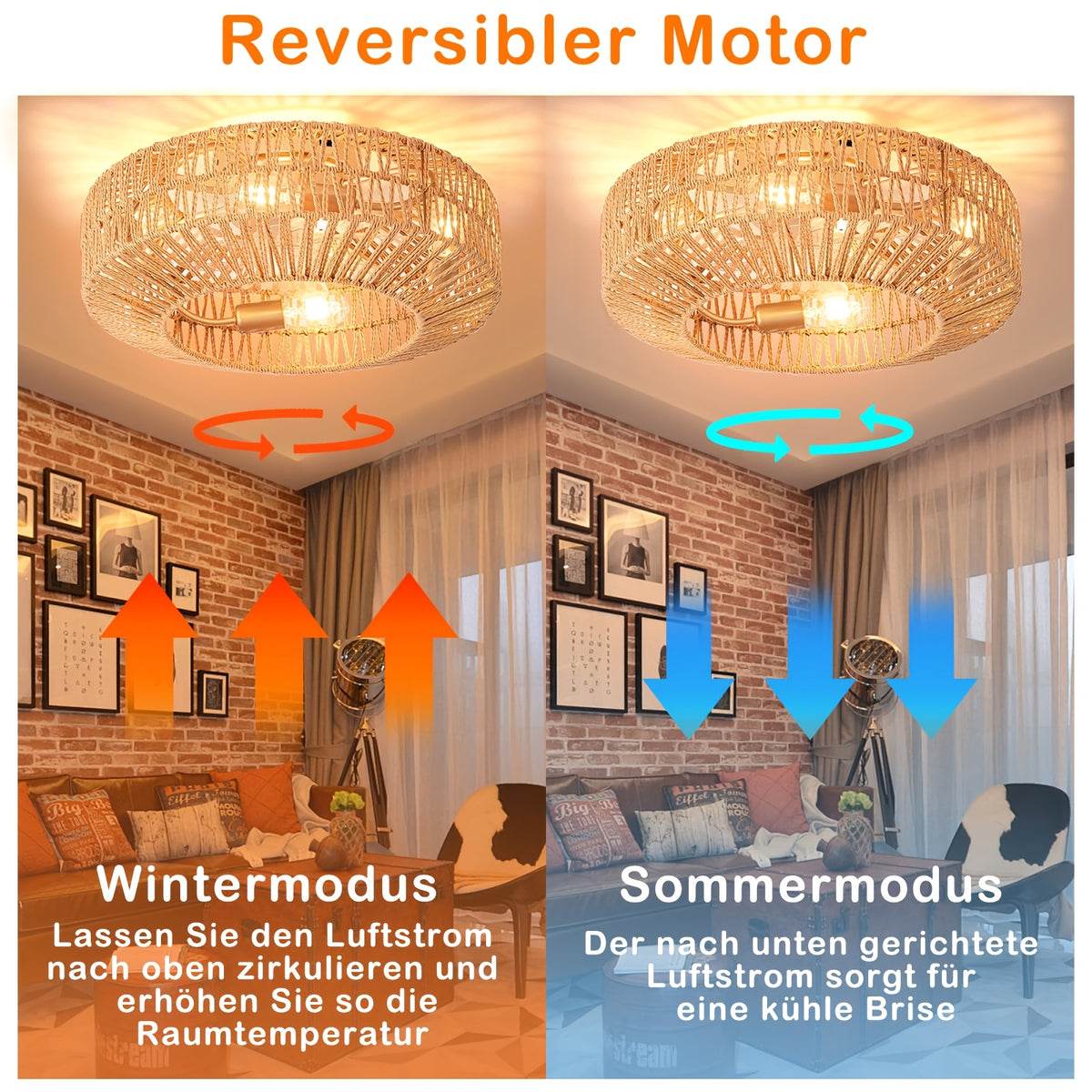 Plafonnier ventilateur en corde tressée Ø 50 cm, télécommande, E27