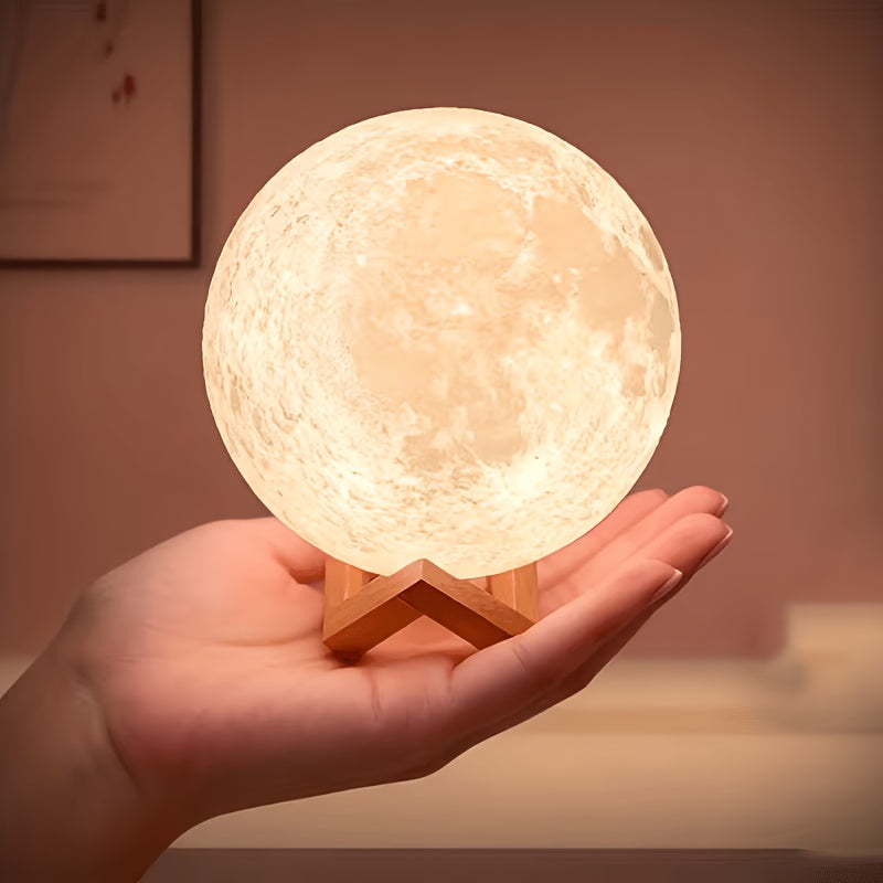 Lampe lune 3D de 10 cm sur support en bois, veilleuse à piles