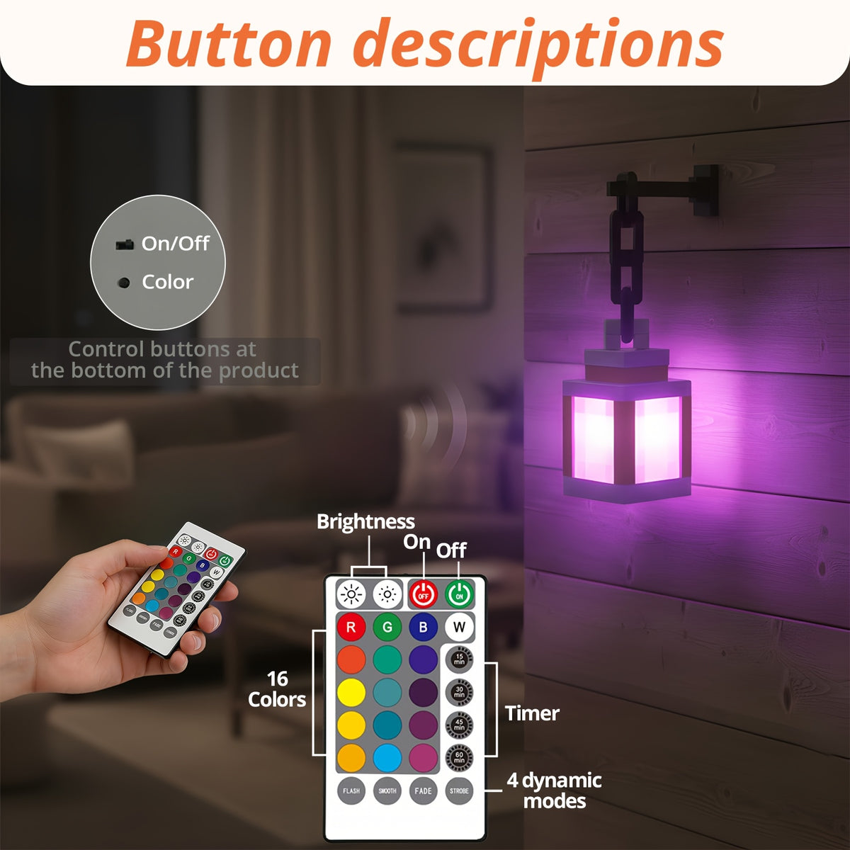 Applique murale lanterne pixel LED RVB rechargeable, télécommande