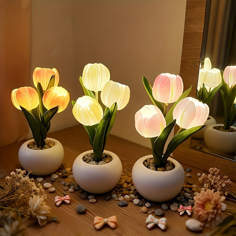 Lampe décorative bouquet de tulipes LED en pot céramique