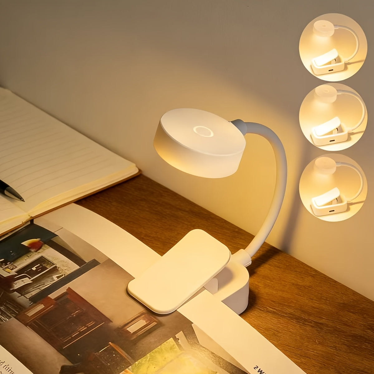 Mini lampe de lecture à pince blanche rechargeable, col de 13 cm