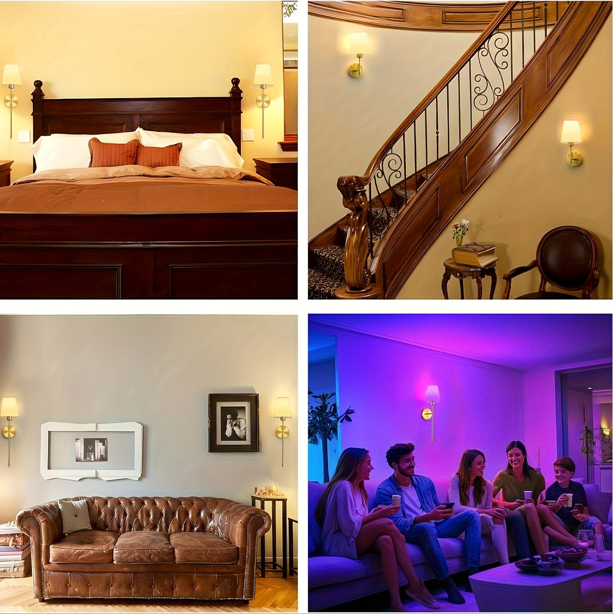 Lot de 2 appliques murales dorées sans fil, ampoules LED RVB