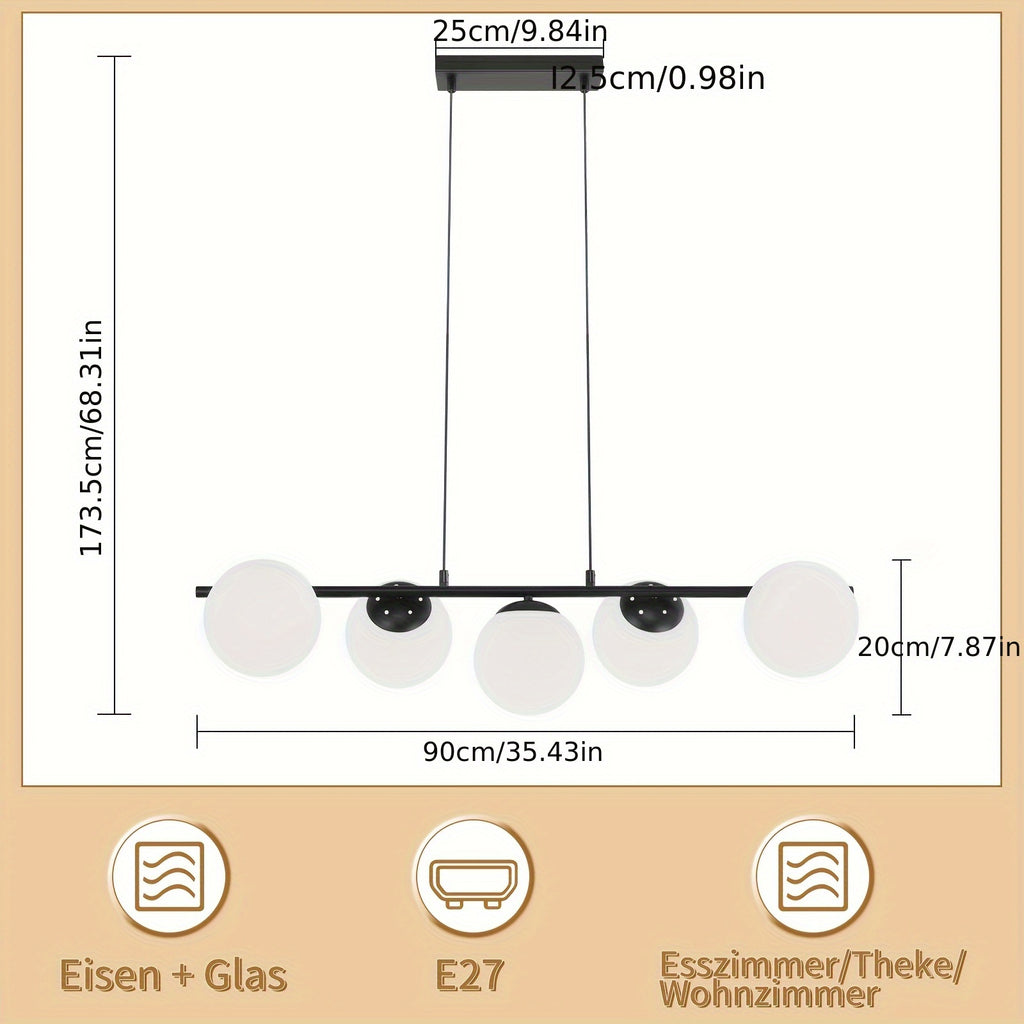 Suspension 5 globes opalins sur barre dorée de 90 cm, E27