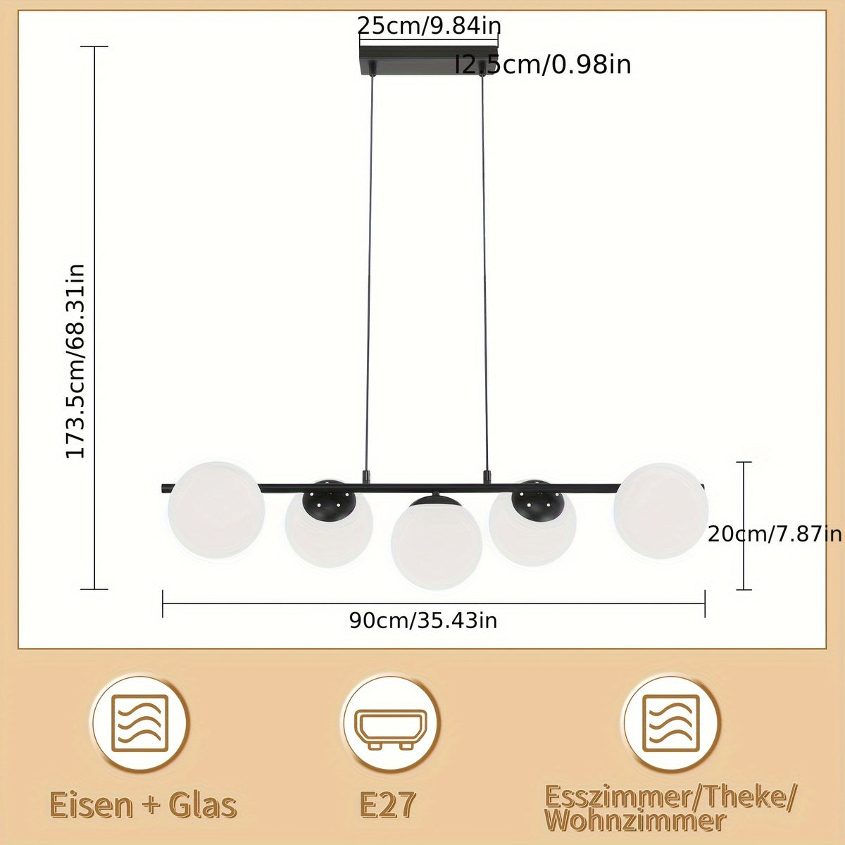 Suspension 5 globes opalins sur barre dorée de 90 cm, E27
