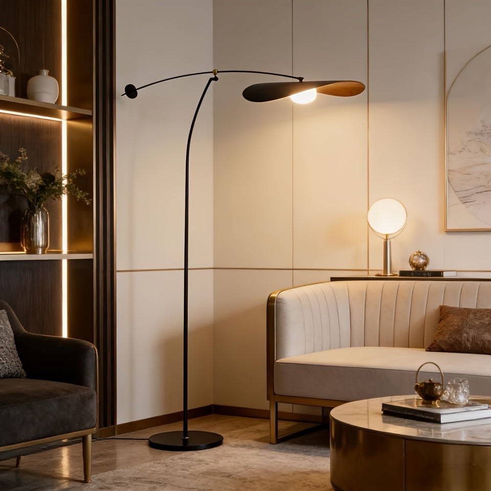 Lampadaire arc noir à abat-jour chapeau ondulé