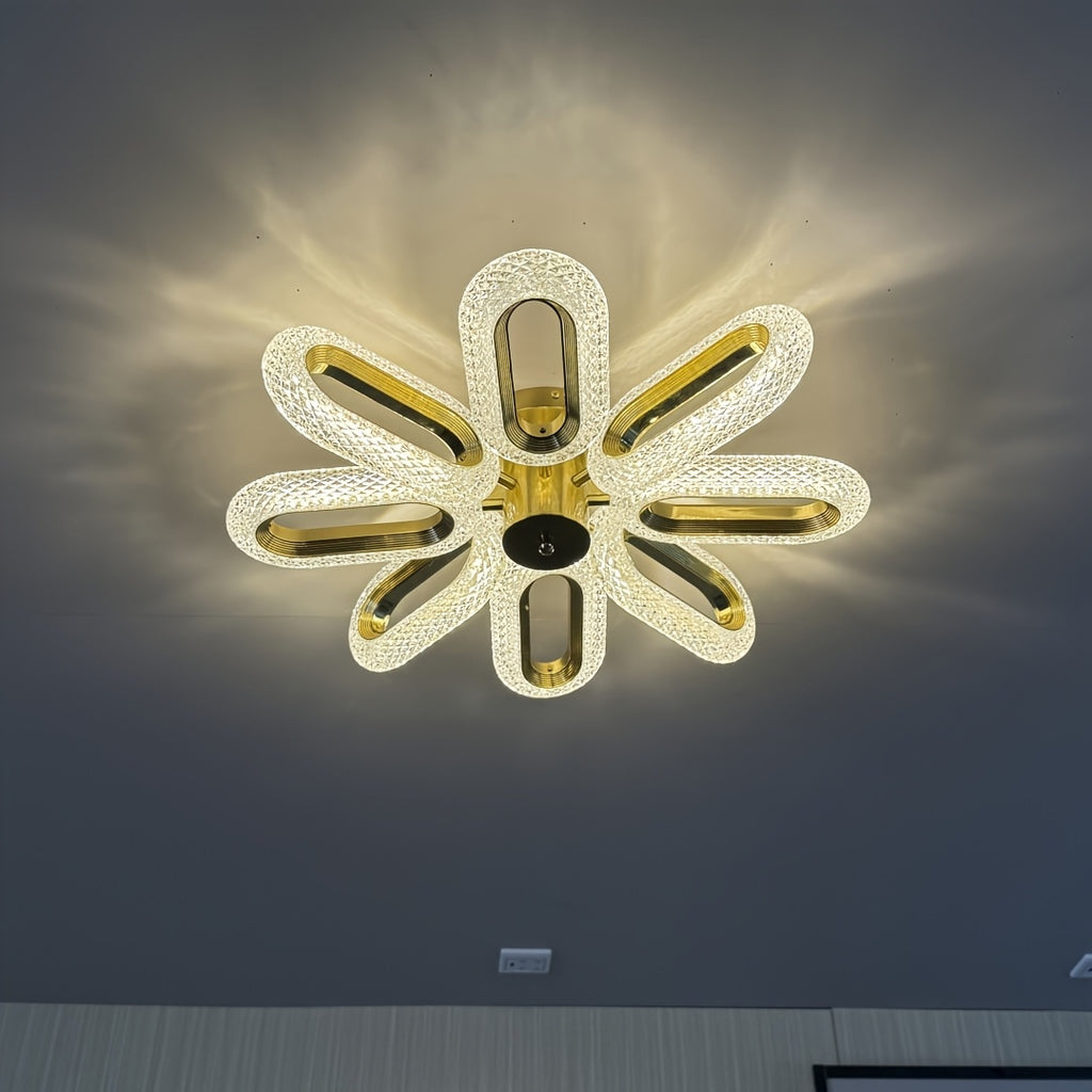Plafonnier LED doré à 8 pétales en acrylique ciselé, Ø 60 cm