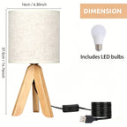 Lampe de chevet trépied en bois et abat-jour tissu, ampoule fournie
