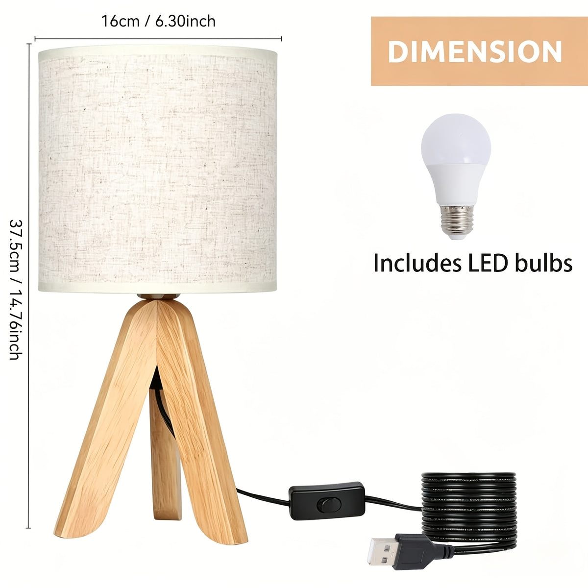 Lampe de chevet trépied en bois et abat-jour tissu, ampoule fournie
