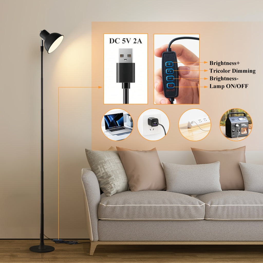 Lampadaire LED USB noir convertible en lampe de chevet, 45 à 145 cm