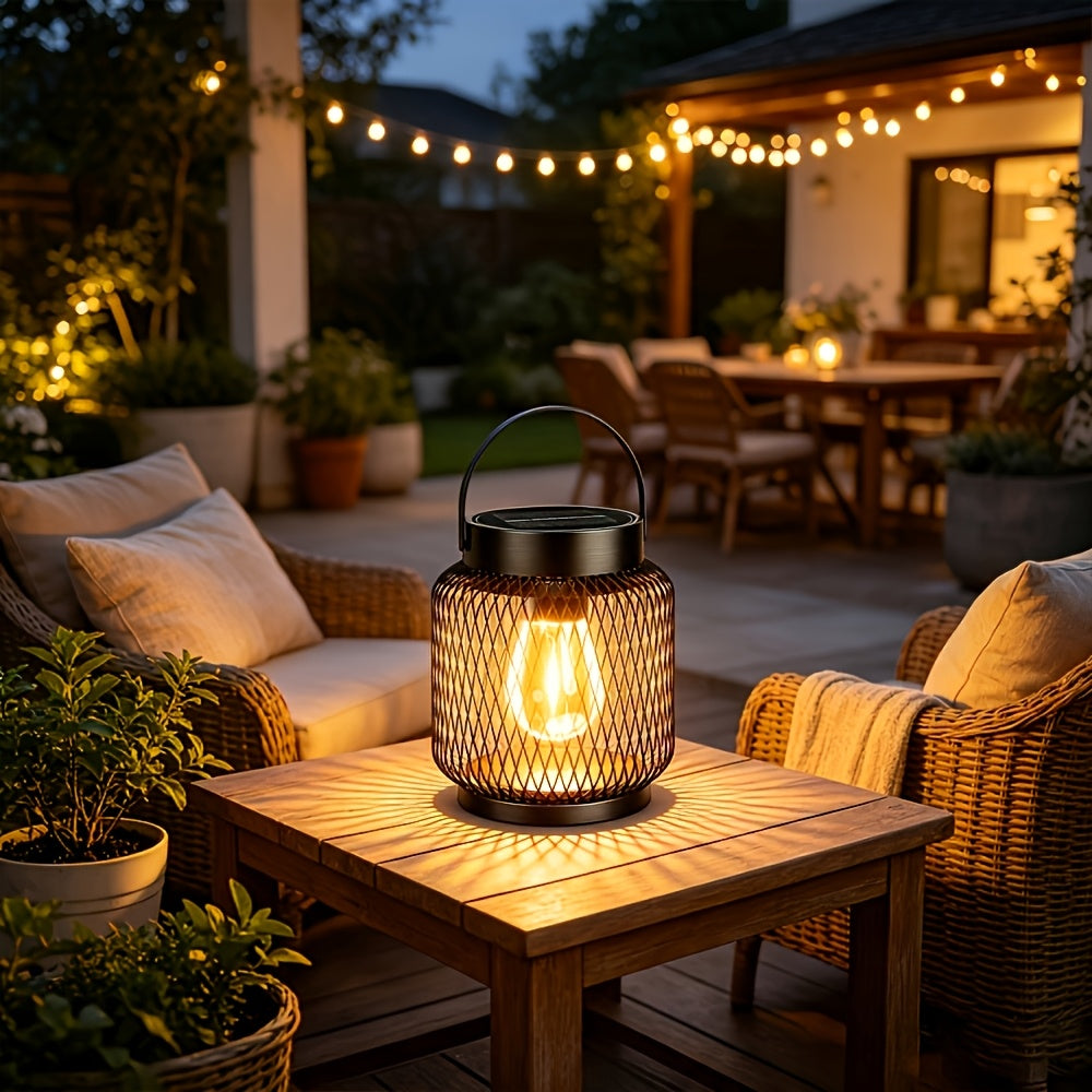 Lanterne solaire en grillage métallique noir, ampoule Edison 2700K
